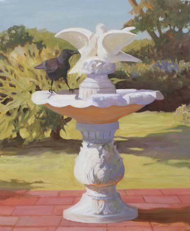 White fountain with crow